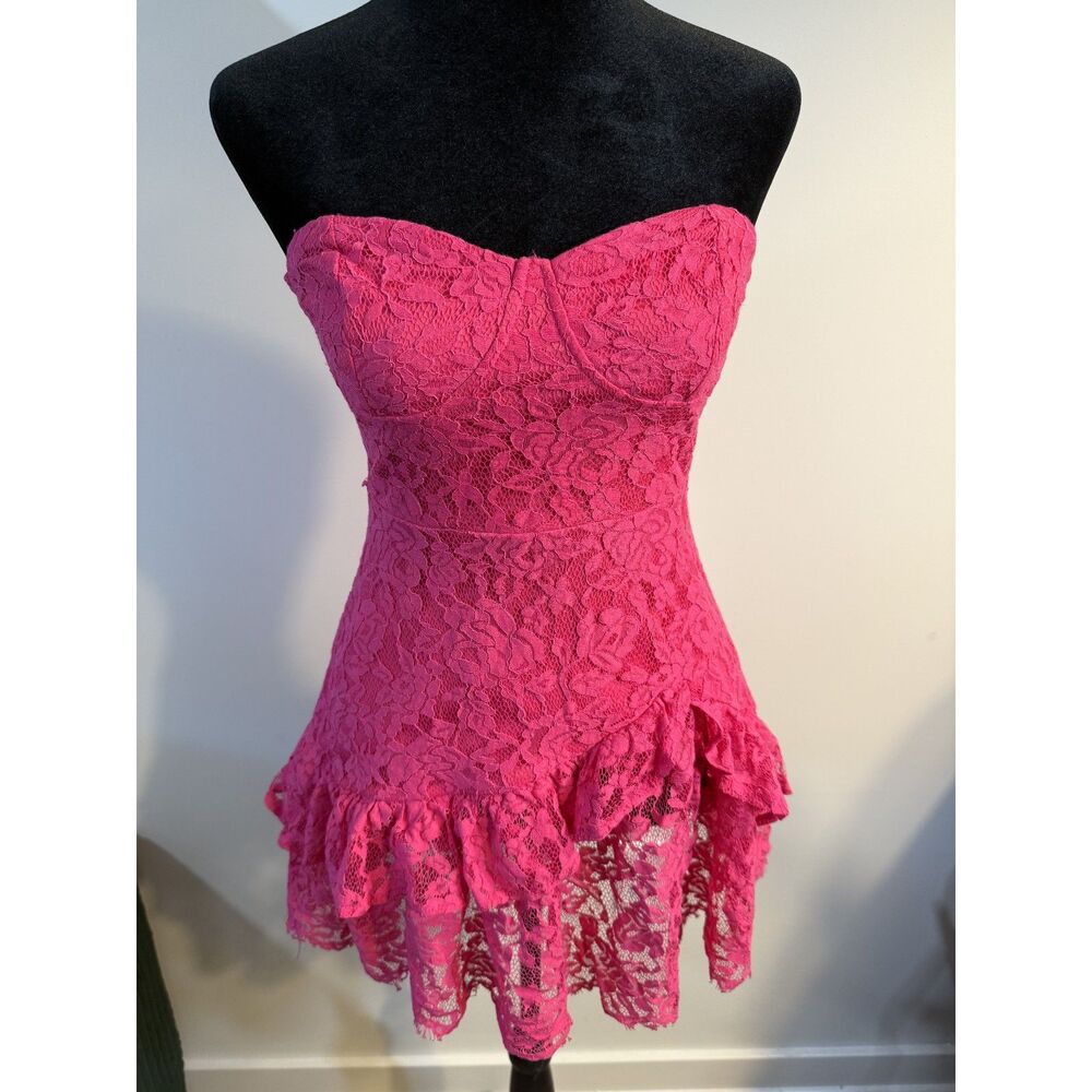 Hot Pink Lace Strapless Mini Dress — Sweetheart Neckline, Ruffle Hem